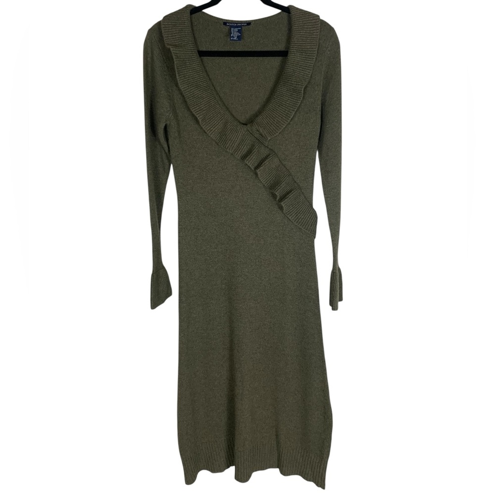 LAST CHANCE! Boston Proper Green Wool Silk Blend V-Neck Ruffle Sweater Dress XS